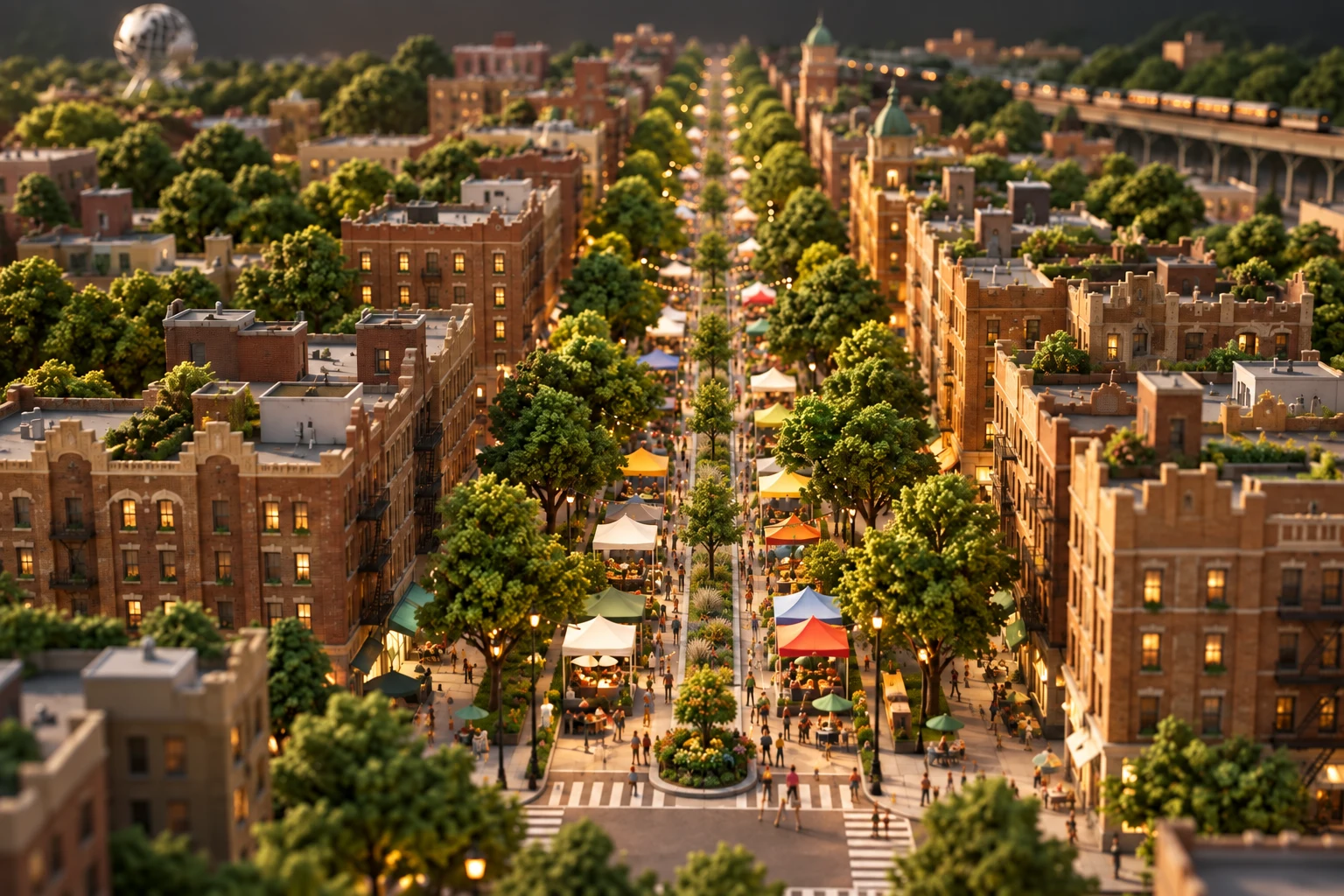 A stylized three-dimensional illustration of a leafy Queens avenue with brick apartment buildings, a planted center median, and festival tents